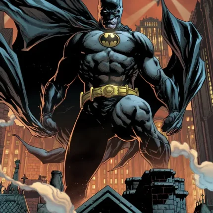 Comic-style Batman with spread cape standing on a rooftop above the city at dusk