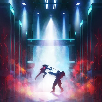 Two fighters clashing in a blue-lit corridor with red smoke and Cyberpunk logo text
