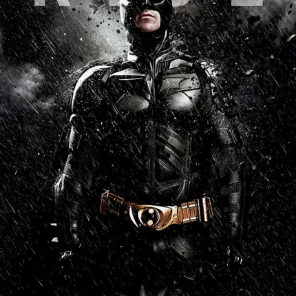Batman in armored suit with the word RISE above and a bat logo below