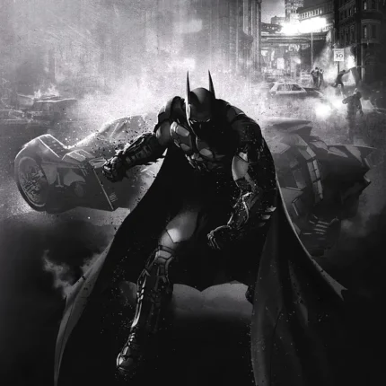 Black and white Batman leaping through a smoky Gotham street with a bat logo