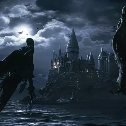 Castle on a rocky island with two hooded dementors under a moonlit cloudy sky