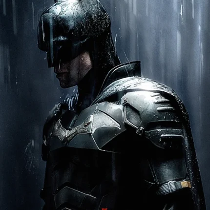 Batman in dark armor and cowl in the rain with red Batman title