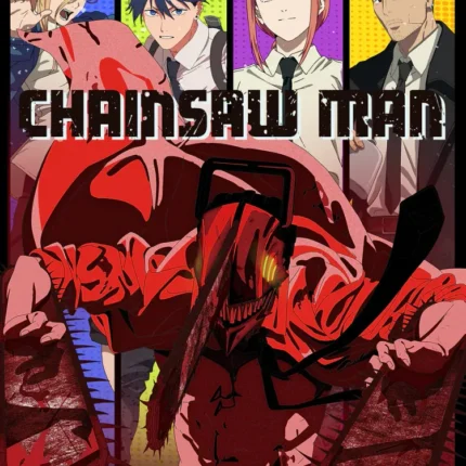 Chainsaw Man anime poster with four characters and a red chainsaw devil
