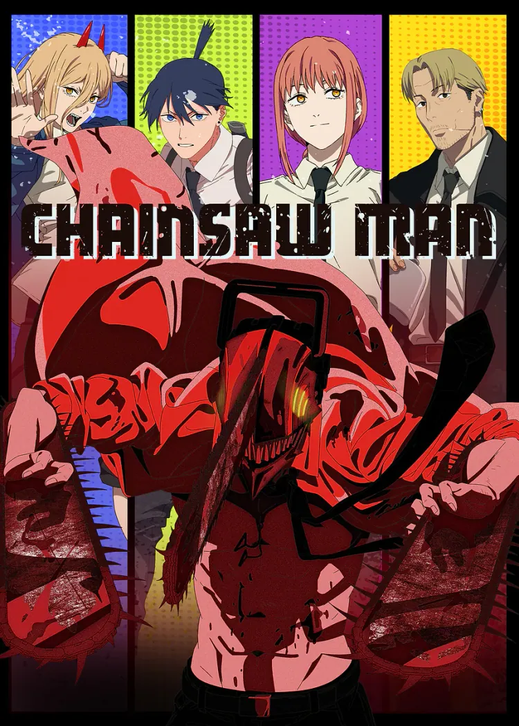 Chainsaw Man Anime Poster Red Devil and Four Characters Chainsaw Man anime poster with four characters and a red chainsaw devil