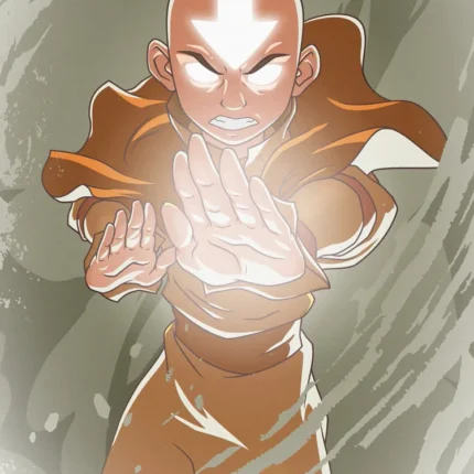 Aang with glowing eyes and hands releasing bright energy on a soft gray-green background