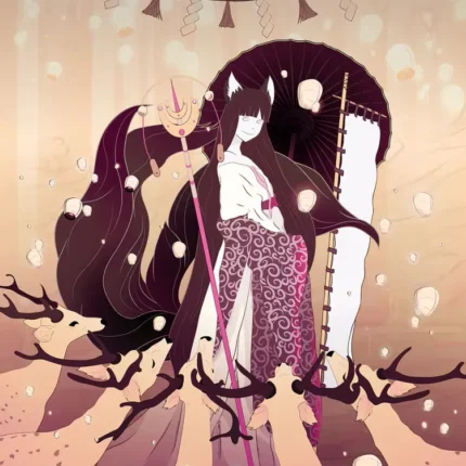 Anime girl with long dark hair under a Shinto rope with falling petals