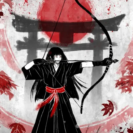 Archer drawing a bow in front of a red sun and torii gate with maple leaves