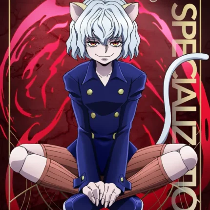 Anime cat-eared character in a blue uniform sitting on a red background labeled Neferpitou