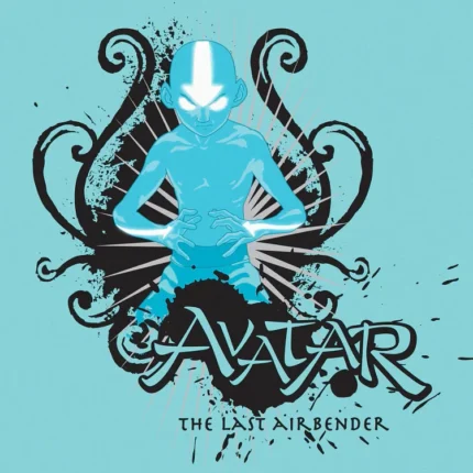 Glowing blue Aang silhouette in black ink swirls on a teal background above the Avatar title