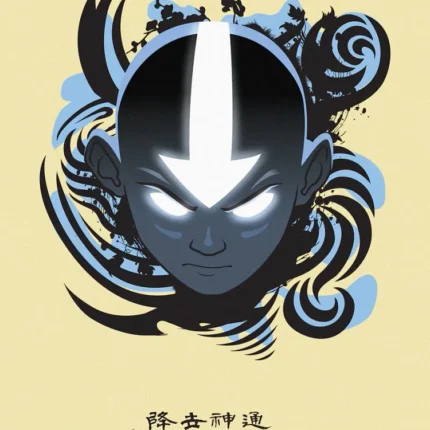 Aang's face with glowing white eyes and arrow inside blue swirls above the Avatar logo
