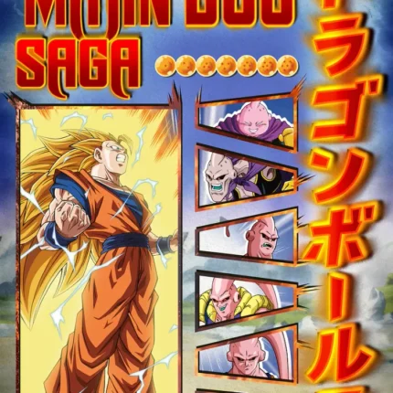 Dragon Ball Z Majin Buu Saga poster with a golden-haired fighter and pink characters in panels
