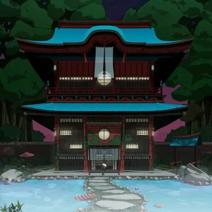 Anime-style traditional wooden gate building at night with lanterns and stepping stones over water