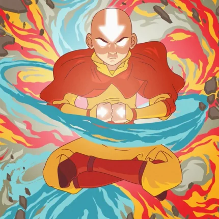Aang sitting cross-legged amid spirals of fire, blue water and floating rocks