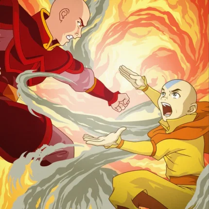 Zuko in red and Aang in yellow facing off amid swirling flames and gray air currents