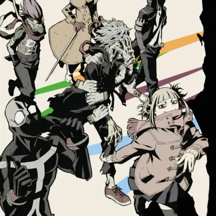 Group of six anime villains in dark outfits with colored lines on white