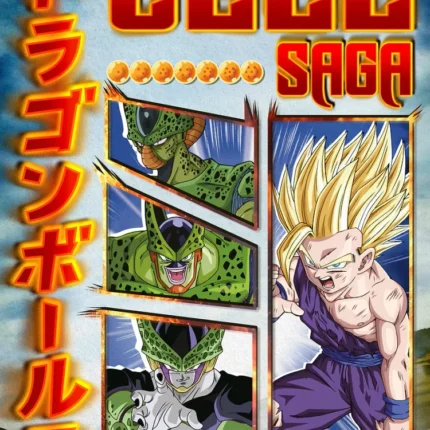 Dragon Ball Z Cell Saga poster with a golden-haired fighter and green villain panels