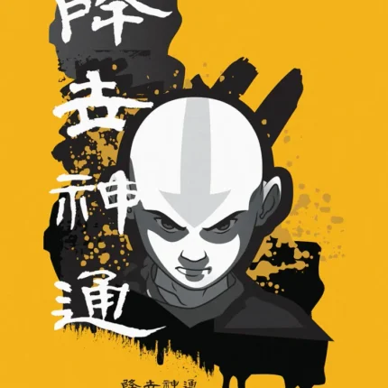 Aang's grayscale face with ink splatters and white kanji on a yellow background above the Avatar logo