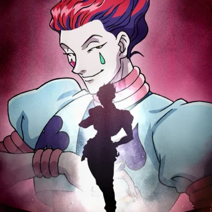 Hisoka from Hunter x Hunter smirking above a dark silhouette