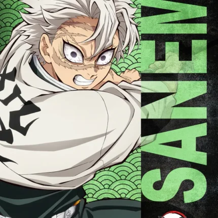 Sanemi from Demon Slayer with white hair on a green wave-patterned poster