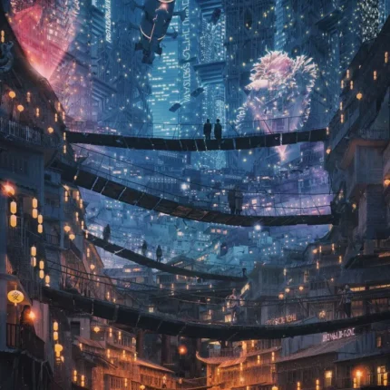 Fantasy futuristic city with glowing bridges between tall buildings and pink blossoms at night