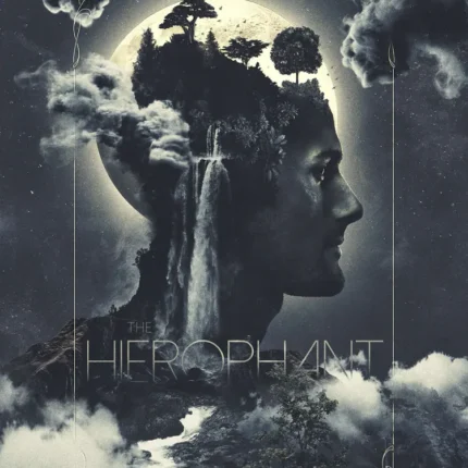 Hierophant tarot poster with a profile whose head holds a waterfall and trees under a moon halo