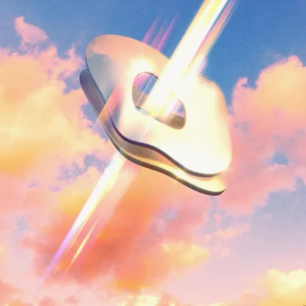 Silver ring-shaped disc with rainbow light streaks above pink sunset clouds and a tiny figure on a dune