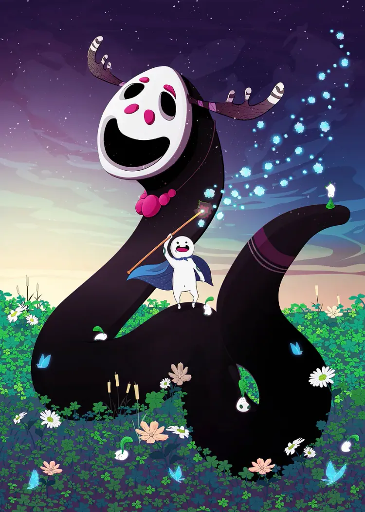 Giant Smiling Mask Spirit Serpent and Hero in Flower Field Poster Small caped hero on a giant black serpent spirit with a white smiling mask in a flower meadow