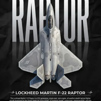 F-22 Raptor stealth fighter jet poster seen from above with specs panel