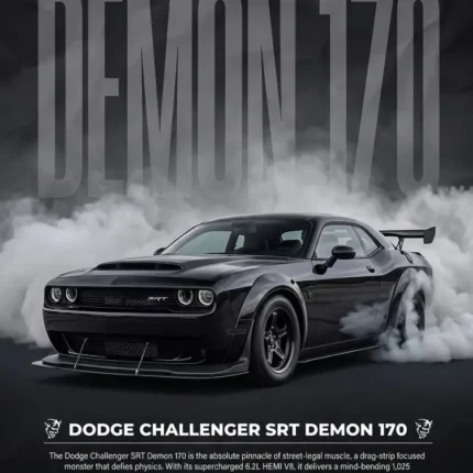 Black Dodge Challenger SRT Demon 170 in tyre smoke with Demon 170 title and specification boxes