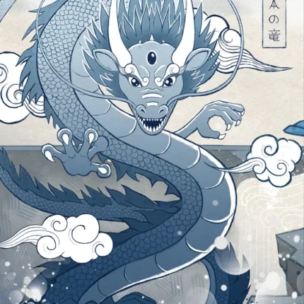 Blue Japanese-style dragon coiling through white clouds and waves