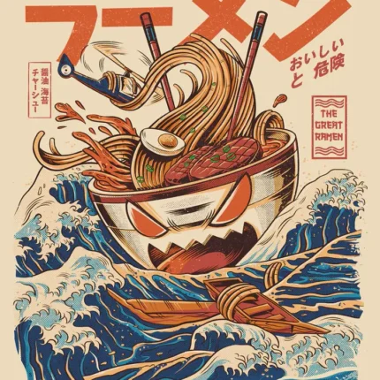 Fierce ramen bowl monster with noodles and chopsticks riding great waves with Japanese lettering