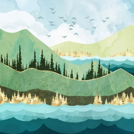 Green mountains with pine trees above layered blue lake waves and birds in a pale sky