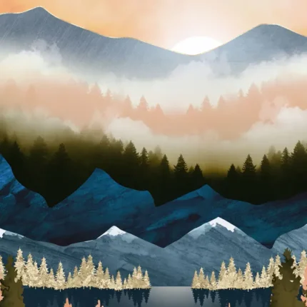 Layered blue mountains and pine forest above a lake at sunset