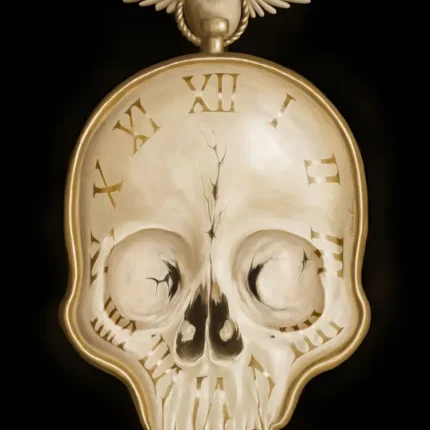 Golden skull shaped like a pocket watch with Roman numerals and wings on black
