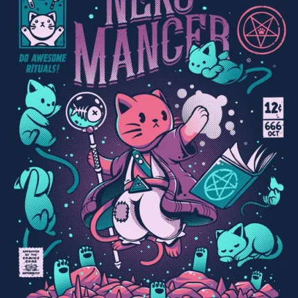 Pink cat wizard with a staff raising teal ghost cats from graves with the title Neko Mancer