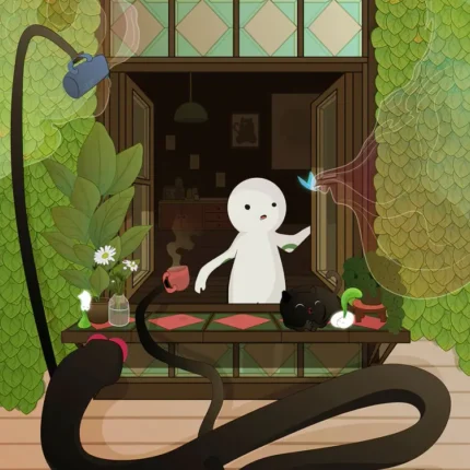 White spirit and black cat at a wooden cabin window with plants and a black tendril on the porch
