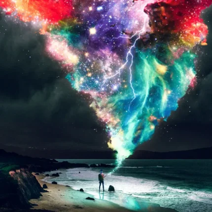 Lone figure on a night beach beneath a huge colorful galaxy cloud with lightning