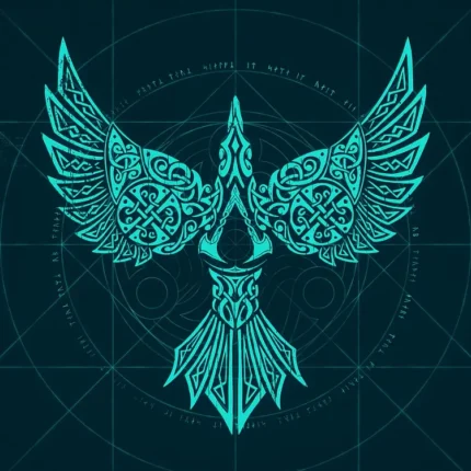 Teal Norse-style raven emblem with ornate knotwork wings on a dark circular geometric background