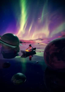 LumiPoster — A boat between the planets and the twilight