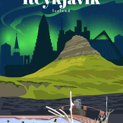 Reykjavik Iceland travel poster with aurora over the skyline, mountain and geothermal pool