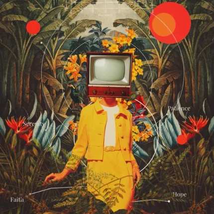 Person in a yellow suit with a vintage TV for a head in a tropical garden with orange flowers
