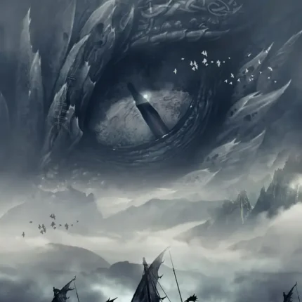 Giant scaly creature eye in the clouds above longships on a misty sea
