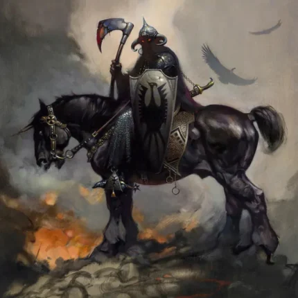 Armored knight with axe and shield on a black horse with smoke, fire and birds behind