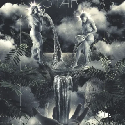 Black and white fantasy art of two figures pouring water into a jungle waterfall with a reaching hand