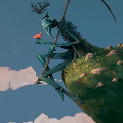 Green reaper-like creature with a scythe crouching on a grassy floating island above white clouds
