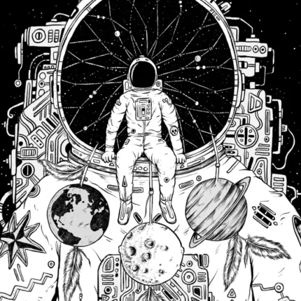 Small astronaut seated in front of a round window in a giant spacesuit decorated with planets