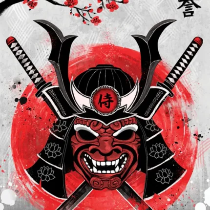 Samurai helmet mask with crossed katanas before a red sun, cherry blossoms and Japanese calligraphy
