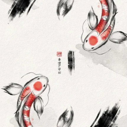 Two red and white koi fish swirling in a circle in ink wash style