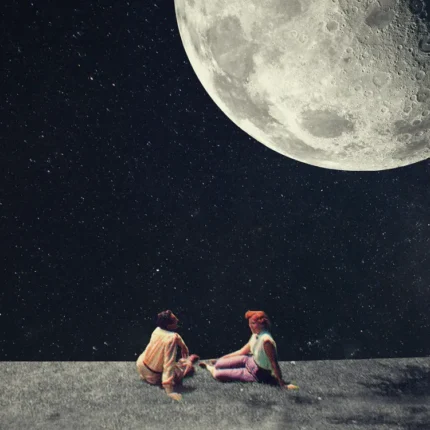 Two people sitting on a gray lunar surface under a huge cratered moon