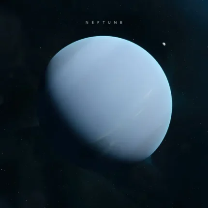 Pale blue planet Neptune with a tiny moon on a dark navy space background
